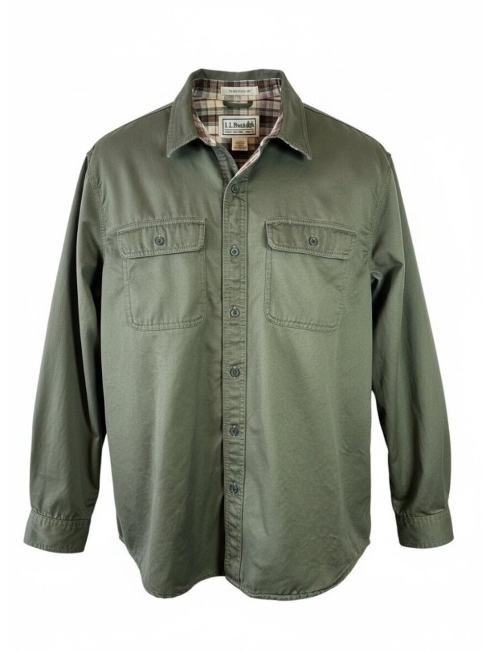 L.L.Bean Olive Green Cotton Shirt Jacket Shacket Plaid Flannel Lined Size L